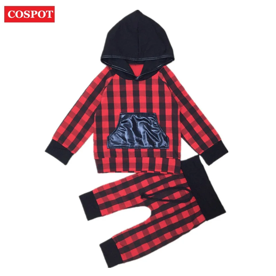 

Baby Boys Girls Christmas Clothing Set Kids Cotton Autumn 2Pcs Suit Hoodies+Pants Girl Red Plaid Suit 2016 New Fashion 20D