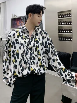 

Men Retro Leopard Pattern Casual Loose Long Sleeve Shirt Male Streetwear Hip Hop Party Dress Shirts