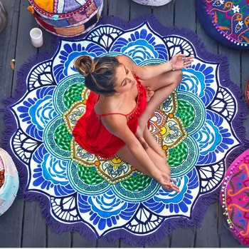 

UJXS Round mandala printed polygon hanging ball tassel round bath towel yoga mat lotus colorful beach towel tapestry 150CM