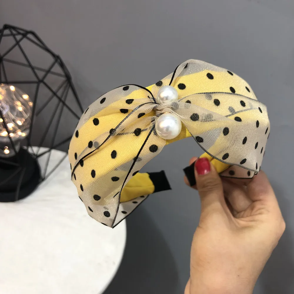 Fashion dot print Top Pearl knotted Cross Headband Hairband for Women Girls Elastic Net yarn Hair Band Hoop Accessories Headwear - Цвет: 5