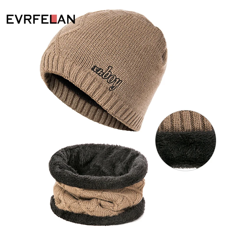 Evrfelan New Design Thick Winter Hat Scarf Men Women Knitting Warm Beanie Hat Ring Scarves Unisex Solid Color Gorros Bonnet