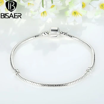 

BISAER 16cm-21cm Love Snake Chain Bracelet Silver Color Snake Chain Femme Bracelet For Women Jewelry WEU1104