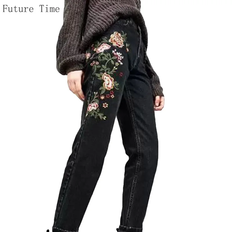 

Future Time Women High Waist Embroidery Jeans 2017 Floral Washed Denim Pants Female Flower Pencil Pants Full Length Jeans SC255