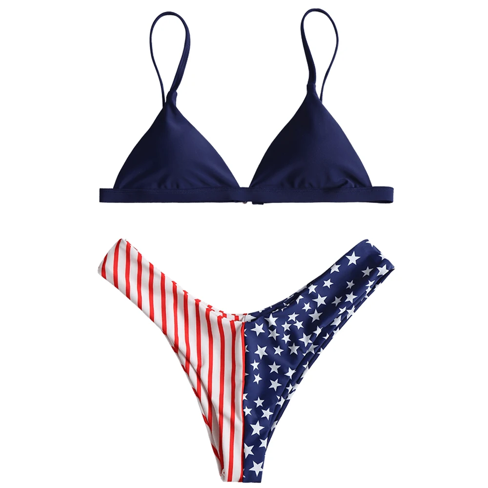 

ZAFUL American Flag Printed Bikini Set Spaghetti Straps High Cut Swimsuit Women Bathing Suit Beach Summer Swimwear Bikinis 2019