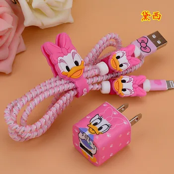 

2017 New Pink Daisy USB Cable Earphone Protector Set with Cable Winder stickers Spiral Cord protector For iphone 5 6 6s 7