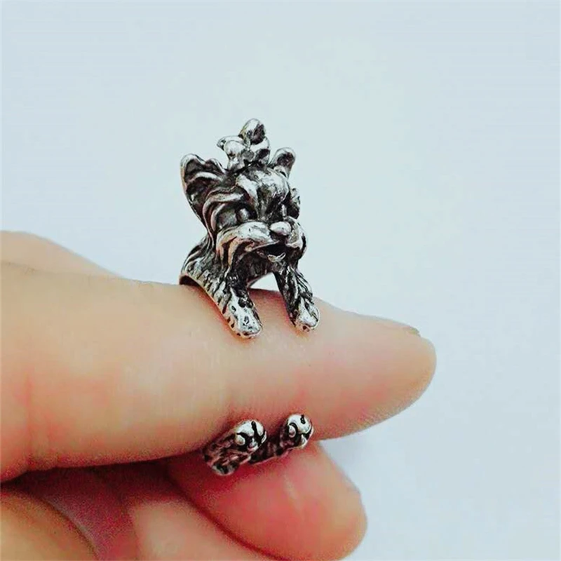 

RONGQING Boho hippie Vintage Yorkshire Wrap Ring Punk Handmade 3D Dog Ring Adjustable Men Jewelry