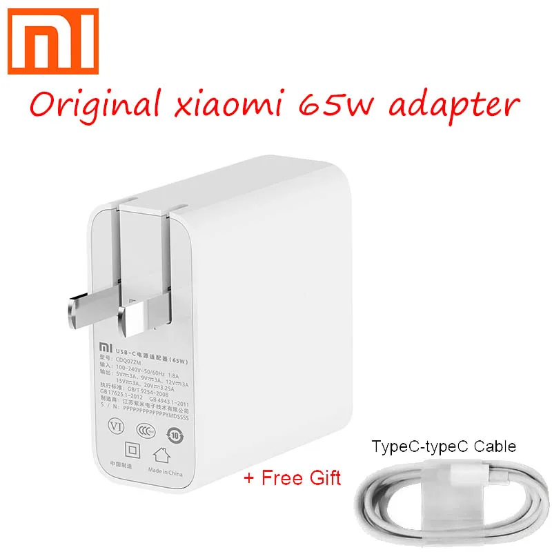 Оригинальный USB C адаптер питания xiaomi 65w для домашней быстрой зарядки портативное