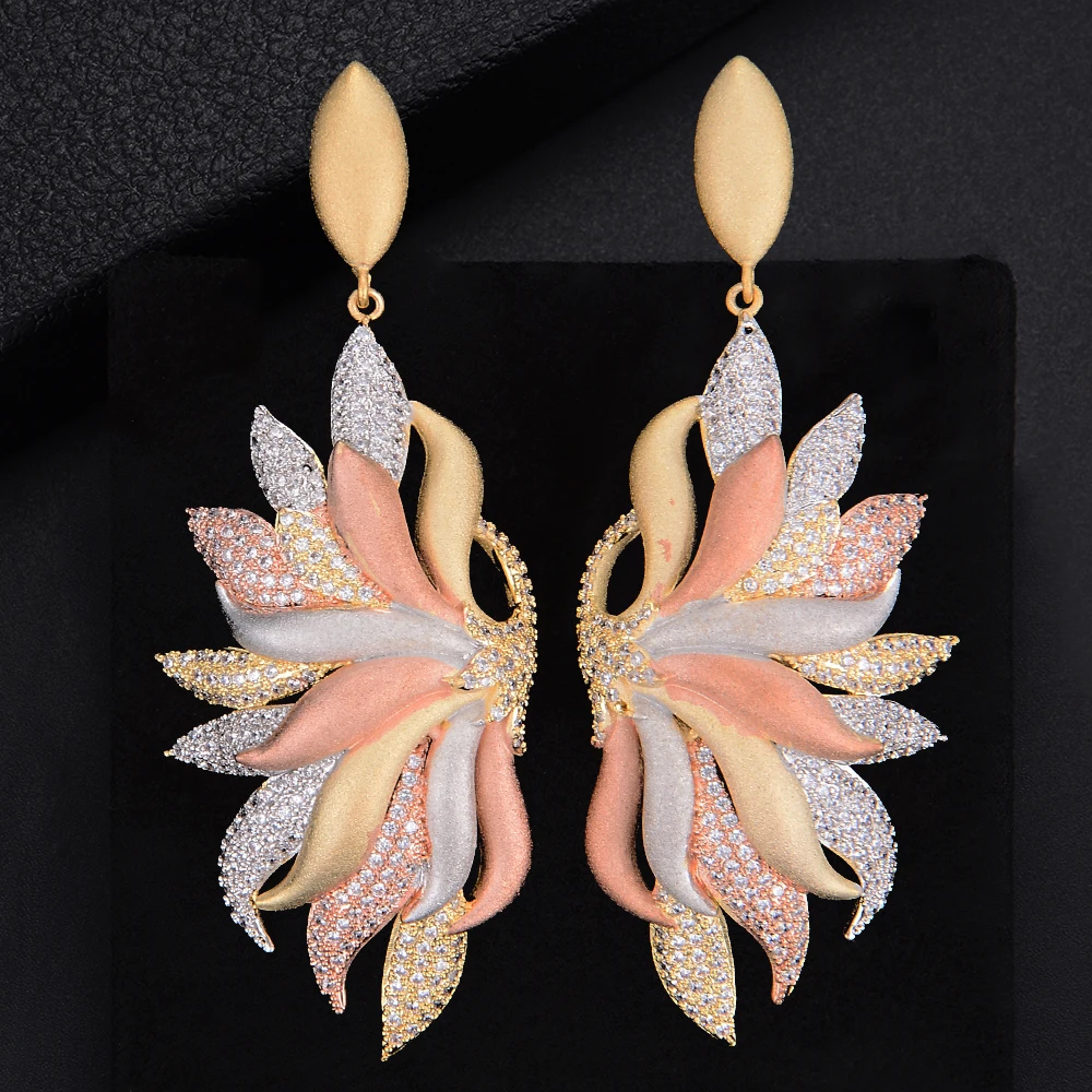 

73MM Luxury Irregular Feather Cluster Full Pave Cubic Zirconia Engagement Party Drop Dangle Earrings Jewelry For Women