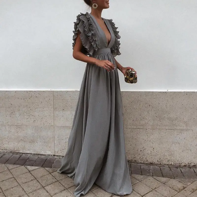 VITIANA Women Maxi Long Floor Length Solid Blue Party Dress Female 2018 Summer Autumn V Neck Short Sleeve Elegant sexy Dress VITIANA Women Maxi Long Floor Length Solid Blue Party Dress Female 2018 Summer Autumn V Neck Short Sleeve Elegant sexy Dress