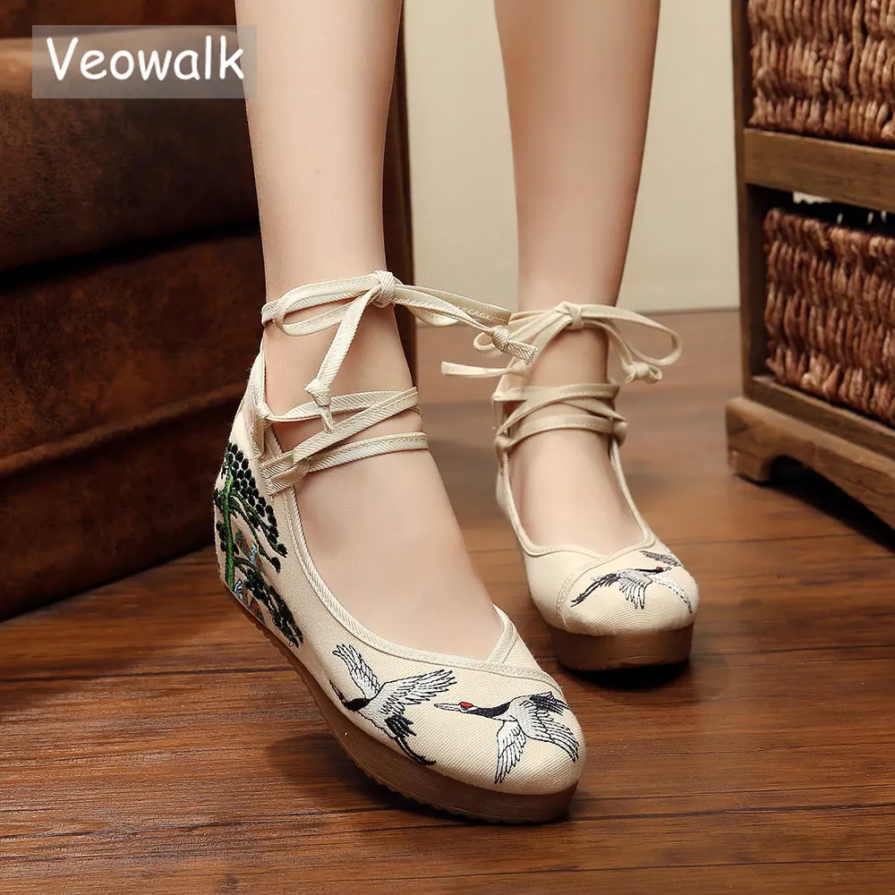 Veowalk Fashion Chinese Style Women Canvas Shoes Ladies Eagles Cotton Embroidered Ankle Strap Flat Platforms Zapatos Mujer 