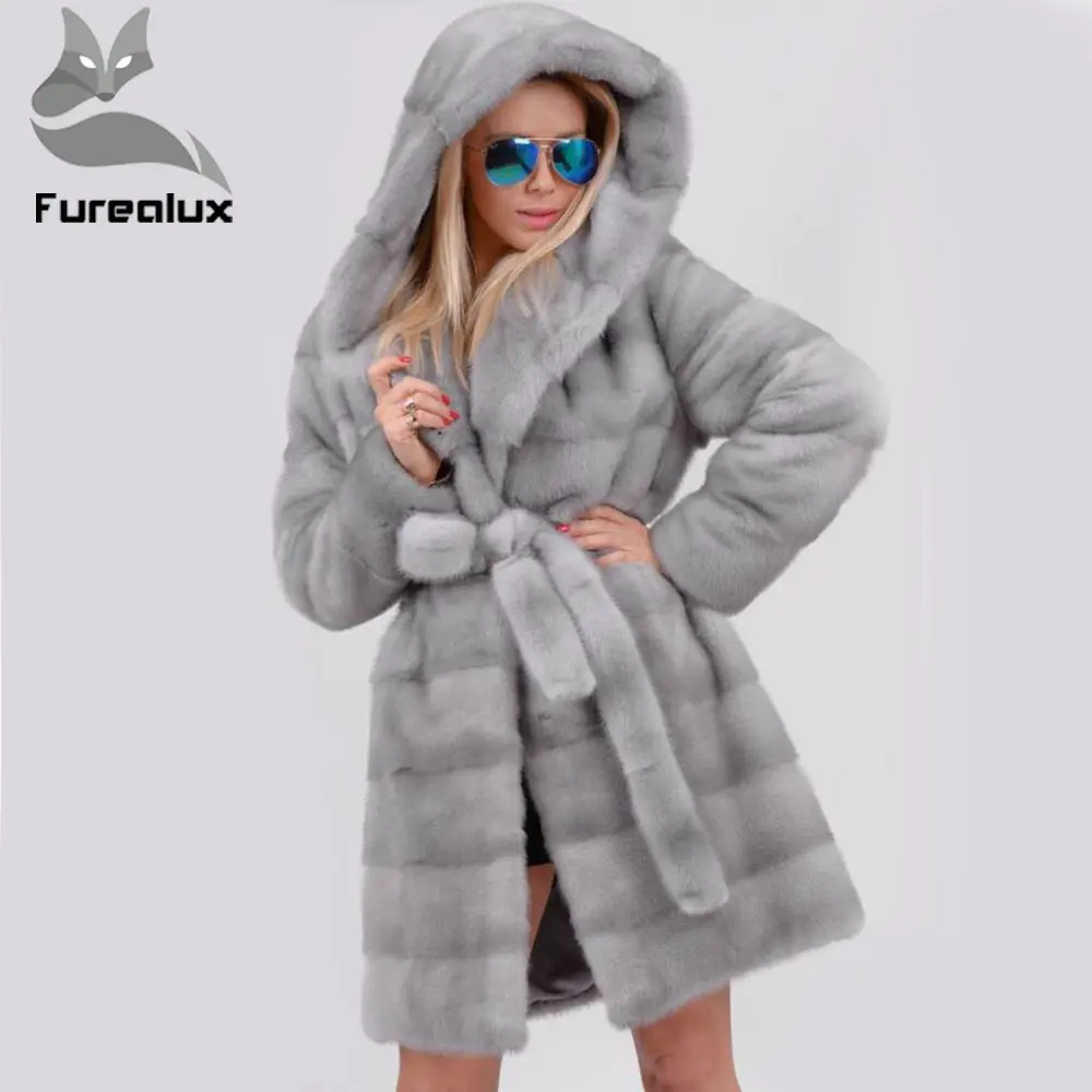 Шуба Furealux женская из натурального меха норки с капюшоном модное пальто поясом