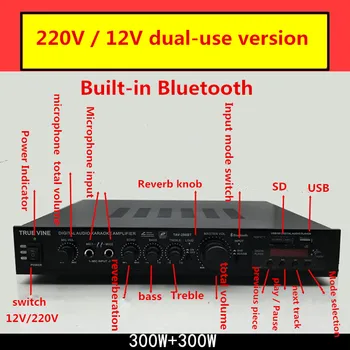 

AV-298BT digital amplifierDual use 300W+300W home audio KARAOKE with USB SD card Play built-in Bluetooth Mic FM 220V/12V