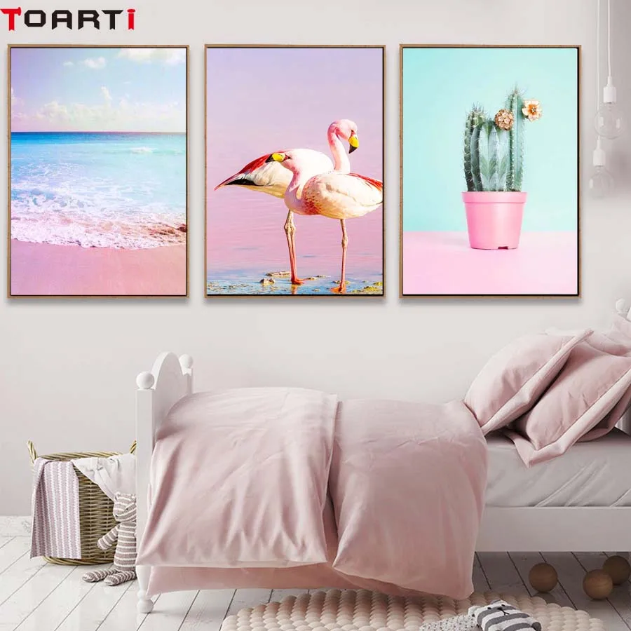 Flamigo Pink Ocean Cactus Nordic Poster&Print Modern Canvas Painting Wall Picture For Bedroom Abstract Wall Art Mural Home Decor (1)