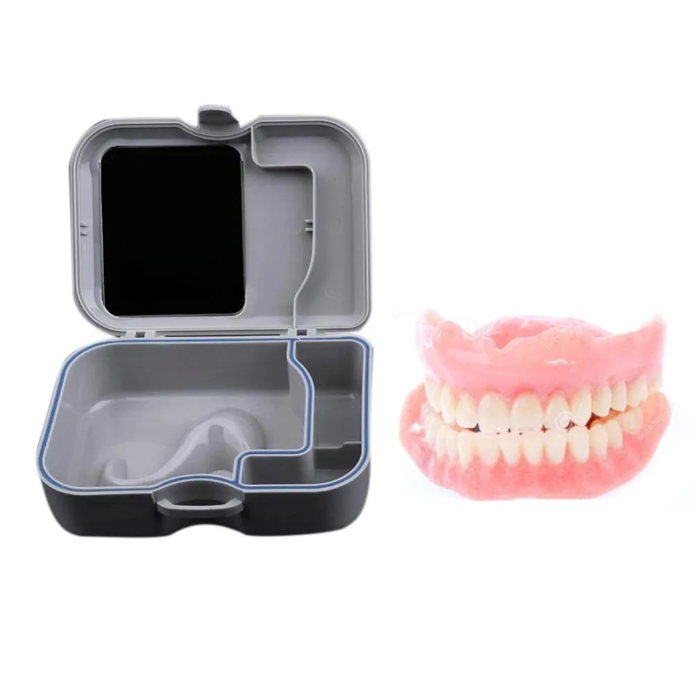 

Denture Container Case Dental False Teeth Storage Box Portable Clean False Teeth Case with Mirror+Clean Brush Dental Appliance