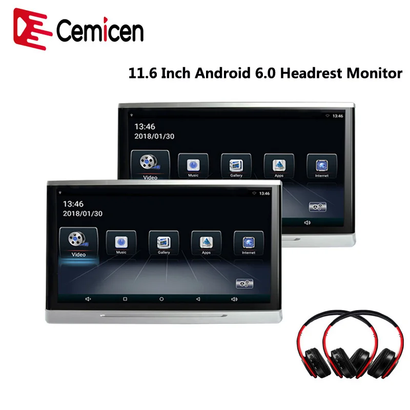 Монитор для подголовника автомобиля Cemicen 11 6 дюйма Android 0 IPS HD 1080P Wi Fi/USB/SD/Bluetooth/FM