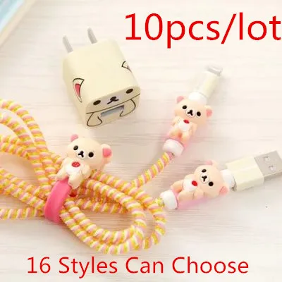 

10Pcs Cartoon USB Cable Earphone Protector Set With Cable Winder Stickers Spiral Cord Protector For iphone 5 6 7 Free Shipping