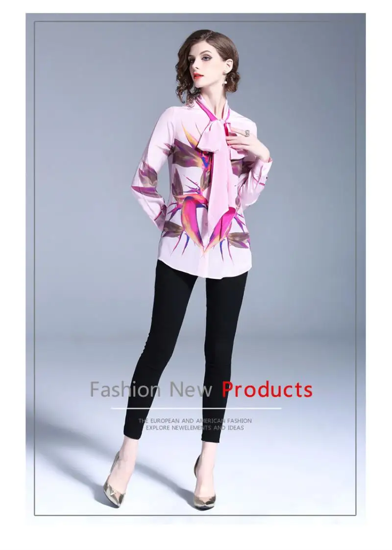 Vestidos Spring Women Blouse 2018 Runway Fashion Print Flowers Bow Plplin Long Sleeve Work Wear Lapel Collar Shirts