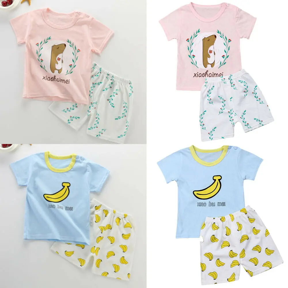 

6M-5T New Newborn Baby Boys Girls Clothes Set Short Sleeve Crew Neck Cartoon T Shirts Tops Pattern Print Short Pants 2Pcs Outfit