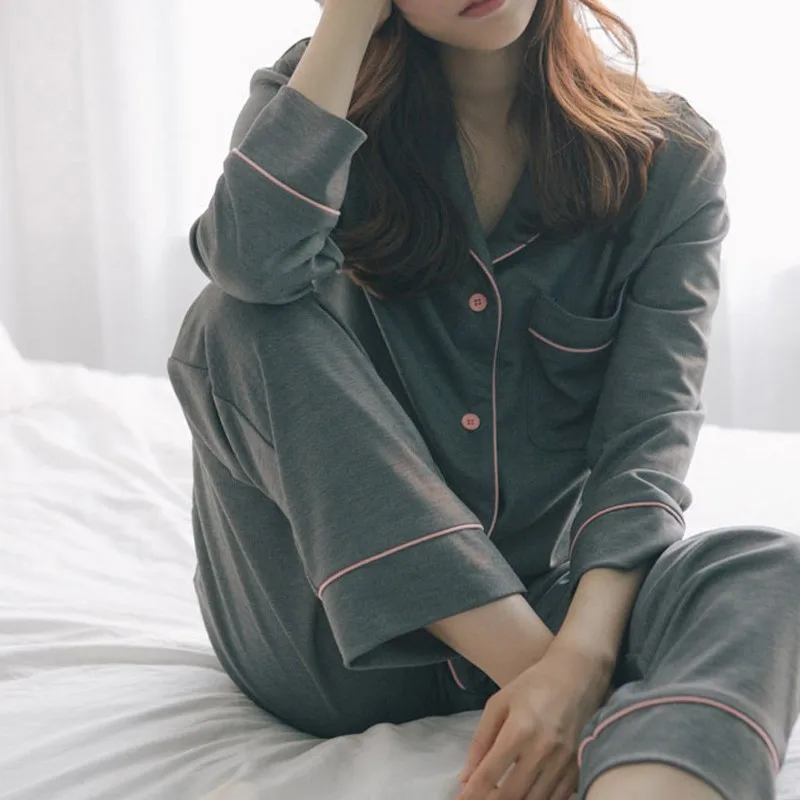 

Spring Autumn Ladies Cotton Pajamas Set Women Solid Color Long Sleeve Top And Trousers Comfortable Loose Lingerie Suit Student