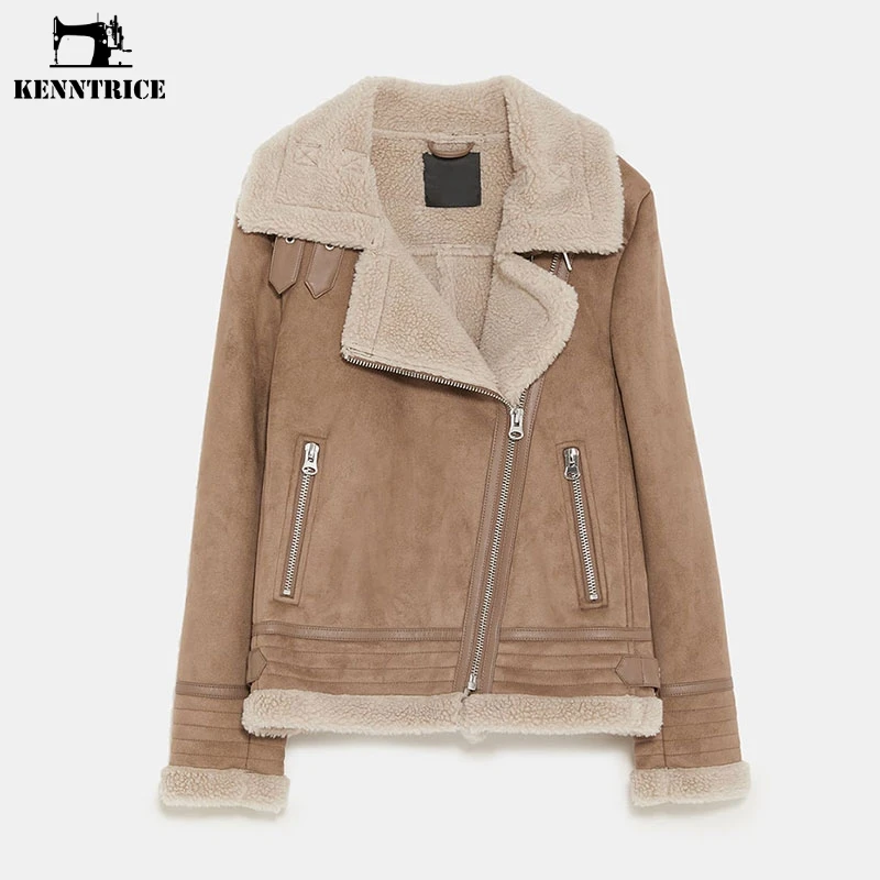

KENNTRICE New Winter Suede Leather Jacket Women Motocycle Thick Warm Sheepskin Coat Women Zipper Casual Outwear