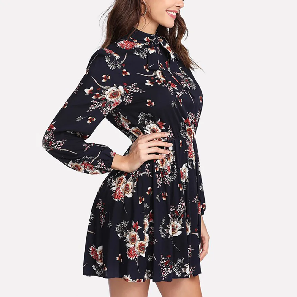 

Spring New Style Women Fashion Print Zippers Loose Long Sleeve Ladies Mini Dress With Lace Up Vintage Printing Party Vestidos