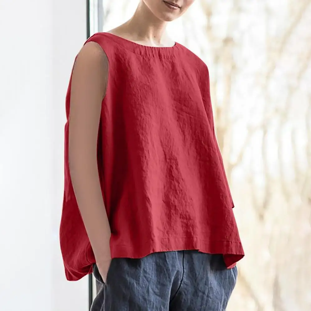 

Women Fashion Summer Casual O-Neck Solid Top Sleeveless Shirt Linen Vest Shirt