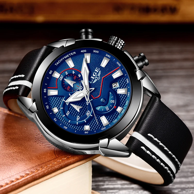 

LIGE Men Watches Top Brand Luxury Mens Casual Leather Waterproof Quartz Watch Men's Military Sports Watch Relogio Masculino+Box
