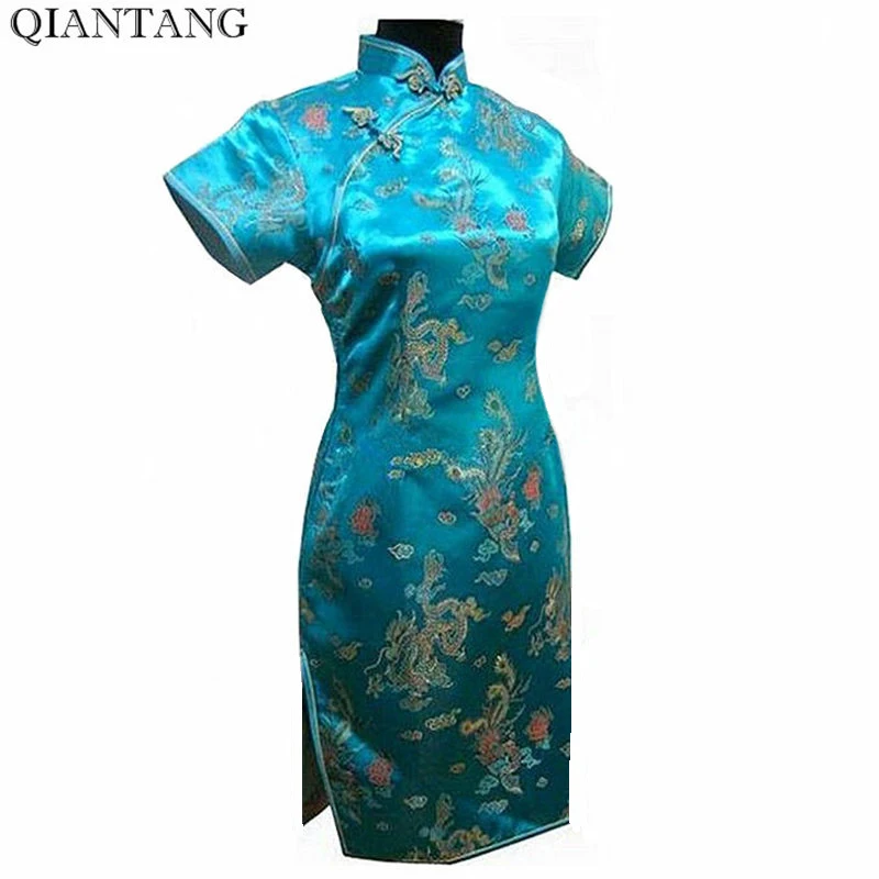 Женское вечернее платье Cheong sam светло синее мини из сатина и полиэстера Qipao Dragon