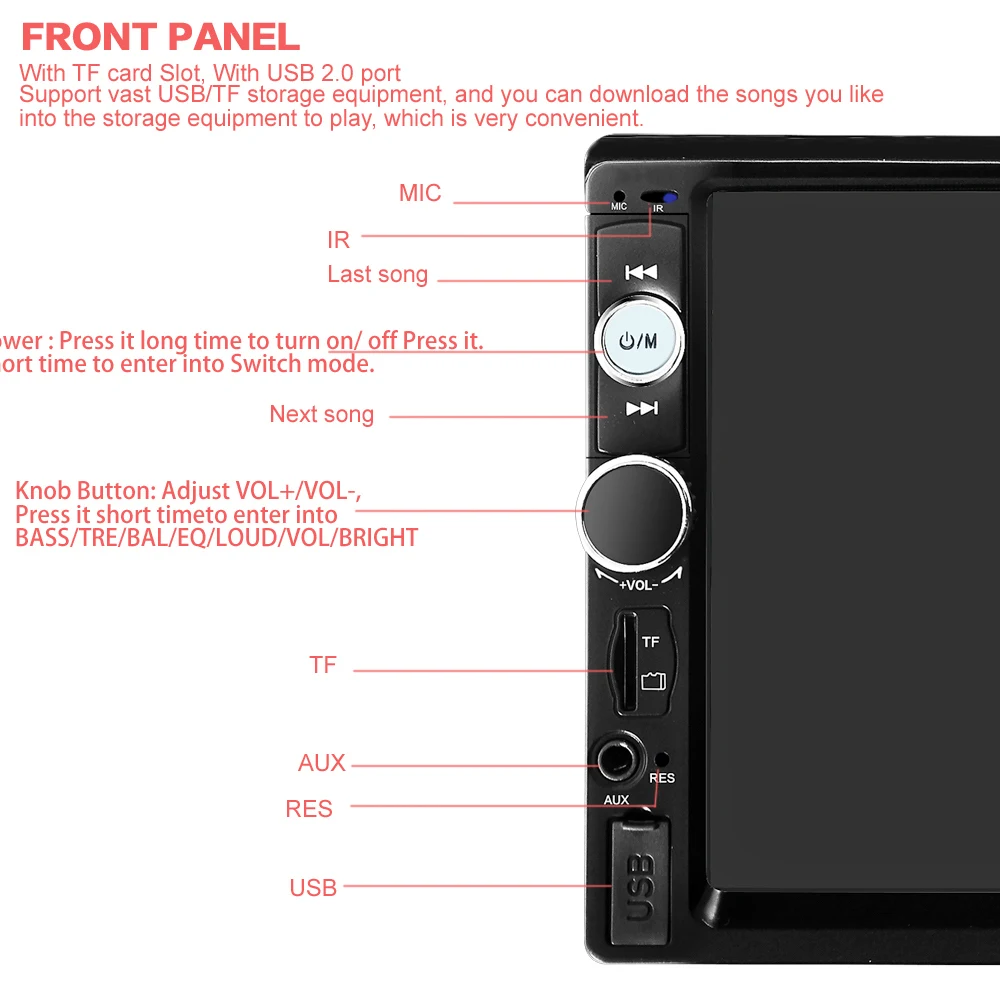 7010B 7 inch Bluetooth V2.0 TFT Screen Car Audio Stereo MP5 Player 12V Auto Video Support AUX FM USB SD MMC Remote Control