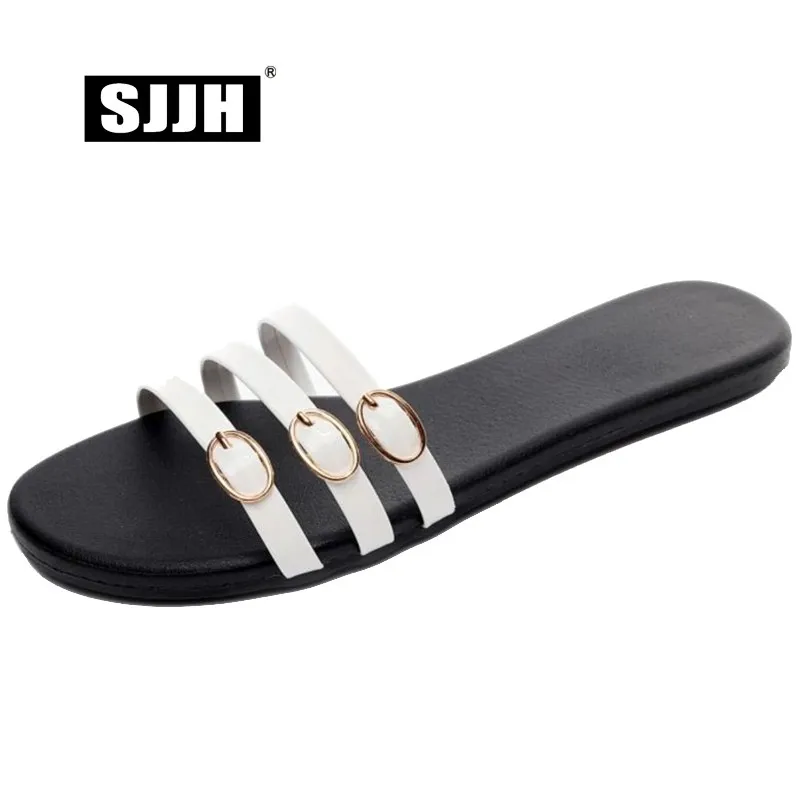 

SJJH Woman Patent Leather Slippers with Open Toe Comfortable Footwear Roman Slides Casual Fashion Shoes Large Size A813