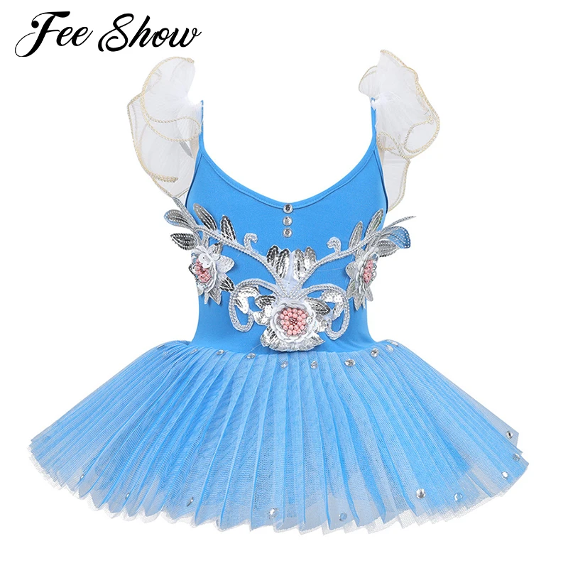Детское платье для девочек на бретельках с оборками, блестящими блестками, цветочной аппликацией, балетные и гимнастические танцевальная пачка
