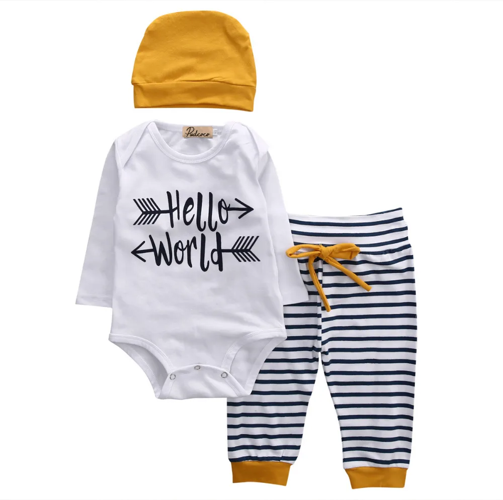 Коллекция года, Одежда для новорожденных мальчиков комбинезон в полоску с надписью «Hello» шапка, комплект из 3 предметов, комплекты одежды для маленьких мальчиков, одежда для малышей