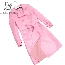 Осенняя Овчина натуральная кожа куртка Женская Черный Розовый отложной воротник сексуальный тонкий двубортный ветровка длинное пальто