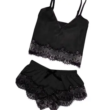 

Womens Plus Size Imitation Silk Two Piece Pajamas Set Eyelash Lace Trim Deep V-Neck Camisole Wide Leg Bowknot Shorts Sleepwear