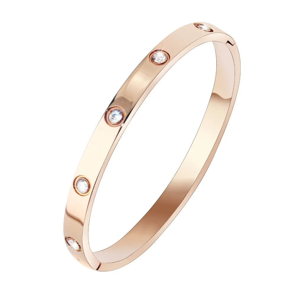 

Ten Stones Round Cubic Zircon Bracelets & Bangles Gold Color Stainless Steel Bracelet For Women Wedding Party Jewelry