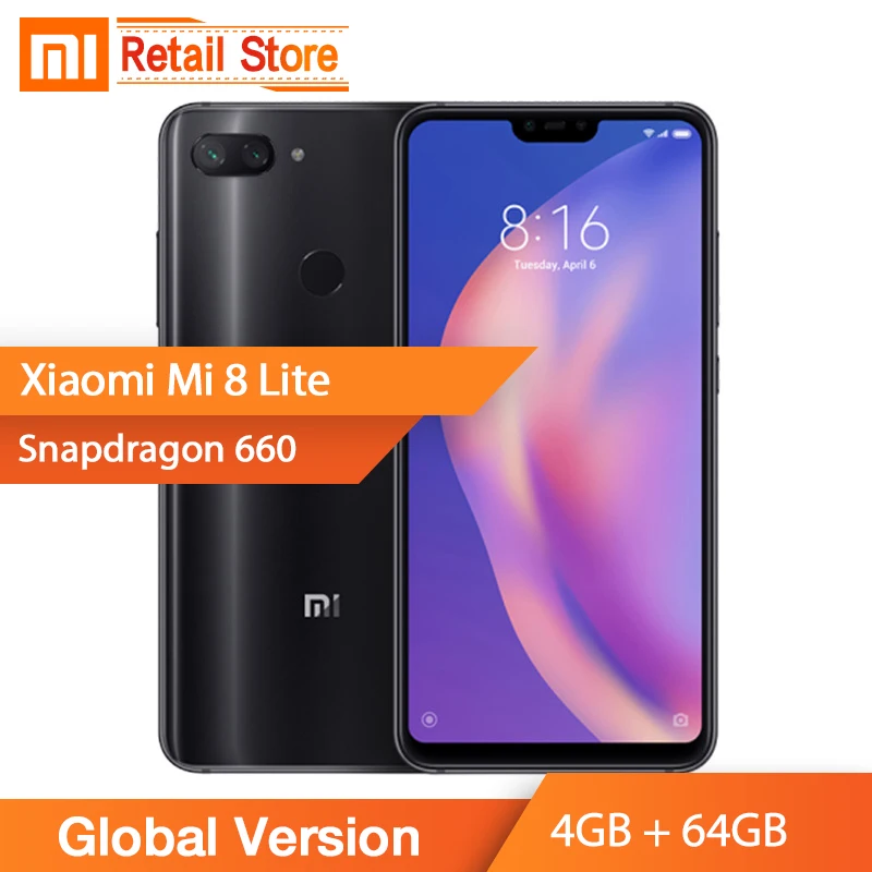 

In Stock Global Version Xiaomi Mi 8 Lite 4GB 64GB Snapdragon 660 Octa Core 6.26'' 2280*1080 Full Screen Cellphone Dual Cam 24MP