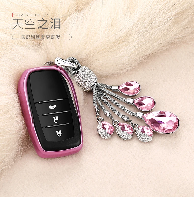 

2019 Soft TPU Car Key Case Auto Key Protection Cover For Toyota CROWN Camry COROLLA Tears of the Sky Artificial Crystal Pendant