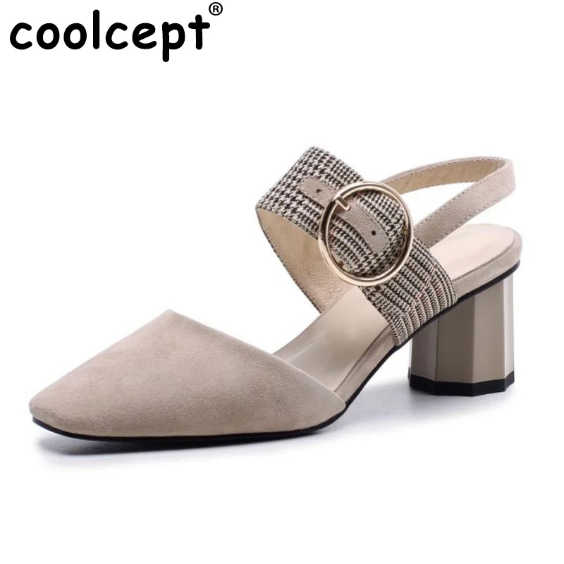 

Coolcept Vintage Women Genuine Leather High Heel Sandals Metal Buckle Square Toe Thick Heel Sandals Summer Shoes Size 33-40
