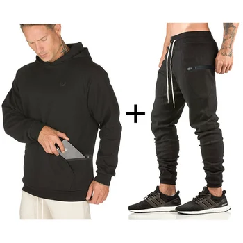 

2019 Mens Gyms Sportswear Suit Tight Workout Elasticity Casual Hoodies+Pants Cotton Tight Trainings Fitness SportSuit 3 Color