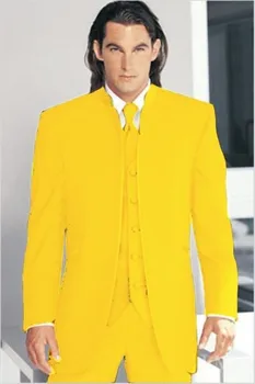 

Brand New Groomsmen Yellow Groom Tuxedos Mandarin Lapel Men Suits Wedding Best Man Blazer ( Jacket+Pants+Vest+Tie )