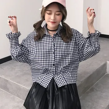 

Women Blouse Plaid Button Turn-down Collar Summer Vintage Shirts Women Long Sleeve Slim Casual Shirts Ladies Classic Style