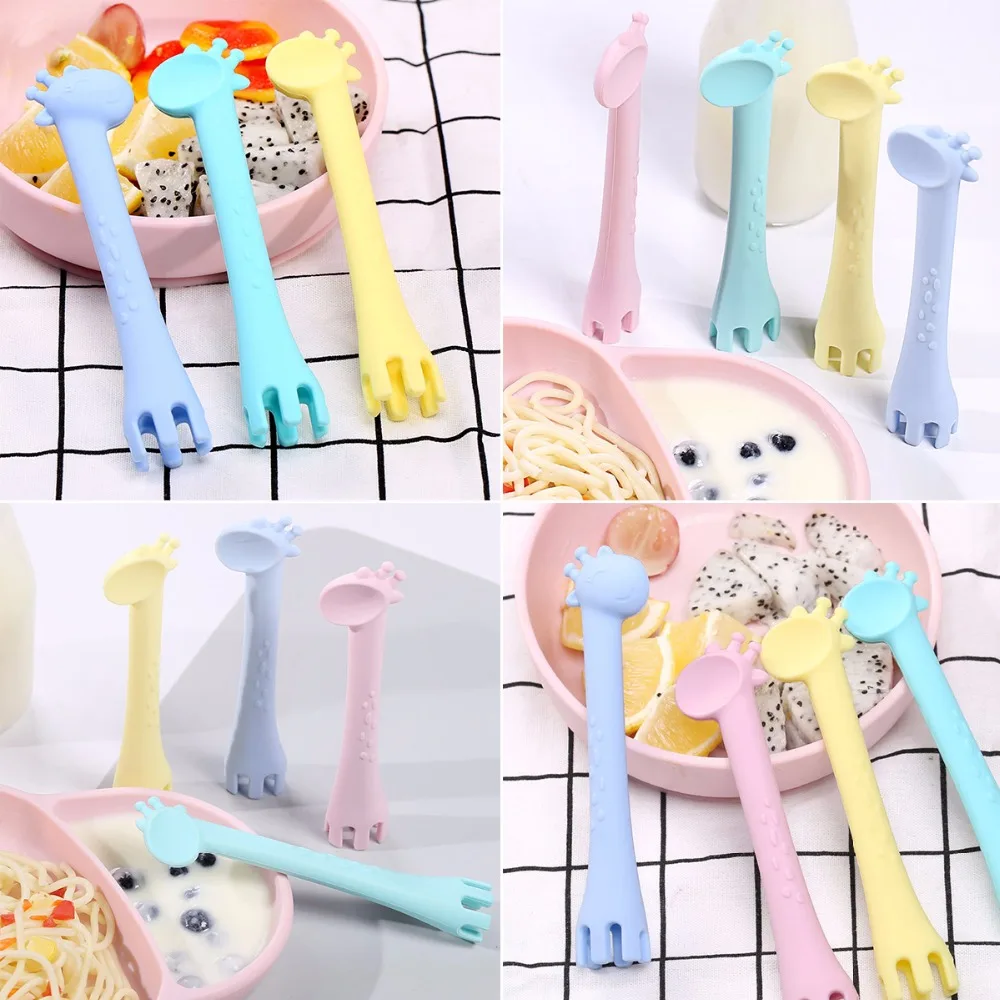 Rodent Silicone Feeding Spoon Infant Training Spoon Giraffe Kids Baby Feeding Spoon Fork Giraffe Baby Teething Soothing Toy