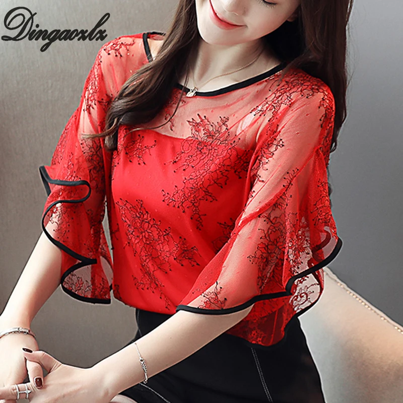 

Dingaozlz Summer New Fairy Lace Stitching Women shirt Butterfly sleeve embroidery Tops Casual Crochet Hollow out blouse
