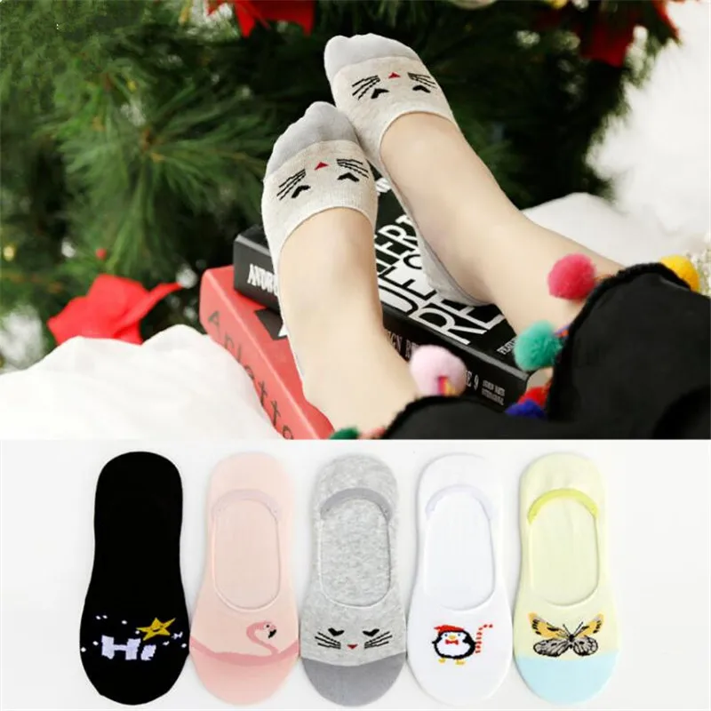 

New Spring Summer Women Invisible Socks Silicone Cartoon Flamingo Anti-slip Socks Woman Slippers Cotton Shallow Mouth Boat Socks