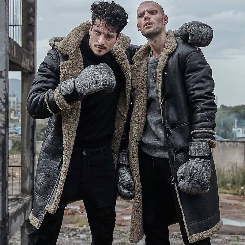 

men genuine leather jacket real leather fur coats long man original ecological sheepskin coat hood shearling winter thick parka