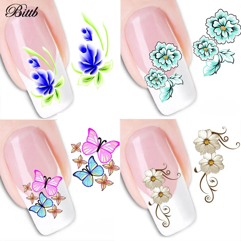 Bittb 4pcs Water Transfer Nail Art Sticker Flower Nail Decal Adhesive French Manicure Decoration