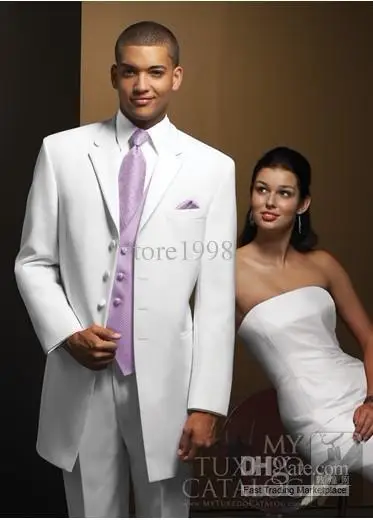Custom Made White Four Buttons Groom Tuxedos Best Man Notch Lapel Groomsmen Men Wedding Suits Bridegroom Jacket+Pants+Tie+Vest M578