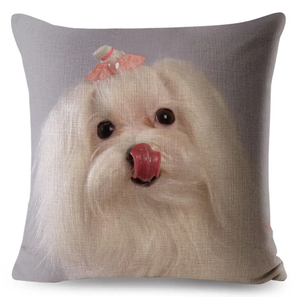 Cute Animal Pet Maltese Dog Pillow Cover Linen Cushion Covers 45*45cm Square Pillow Case Sofa Car Home Decoration Pillowcase