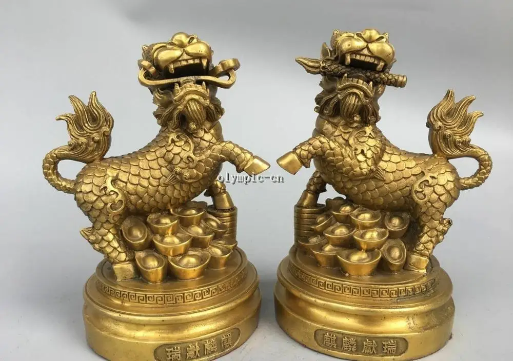 

Pair 9'' Brass chinese folk Bring Wealth fortune animal dragon kylin statue