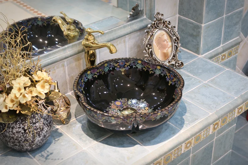Porcelain handmade Chinese bathroom ceramic art hand wash basin bathroom sinks black color  (5)